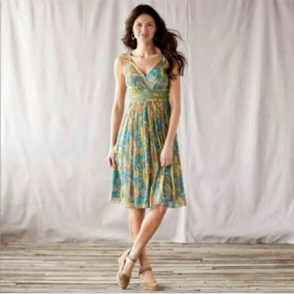 SUNDANCE Sea of Dreams Silk Midi Dress Paisley Sleeveless Blue V Neck Size 12